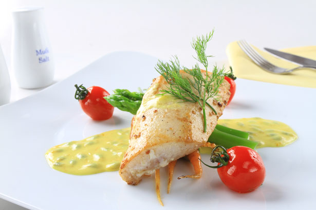 PAN FRIED SWORDFISH BELLY WITH PASSION FRUIT BUTTTER SAUCE